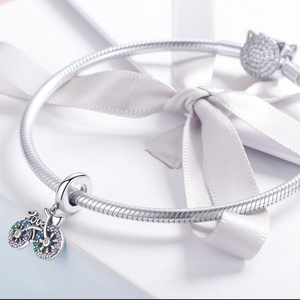 Love Bike Bicycle Sterling Silver Zircon CZ Bead Charm Bracelet Necklace