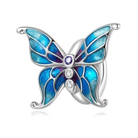 Blue Butterfly Enamel Sterling Silver CZ Bead Charm Pendant Bracelet Necklace