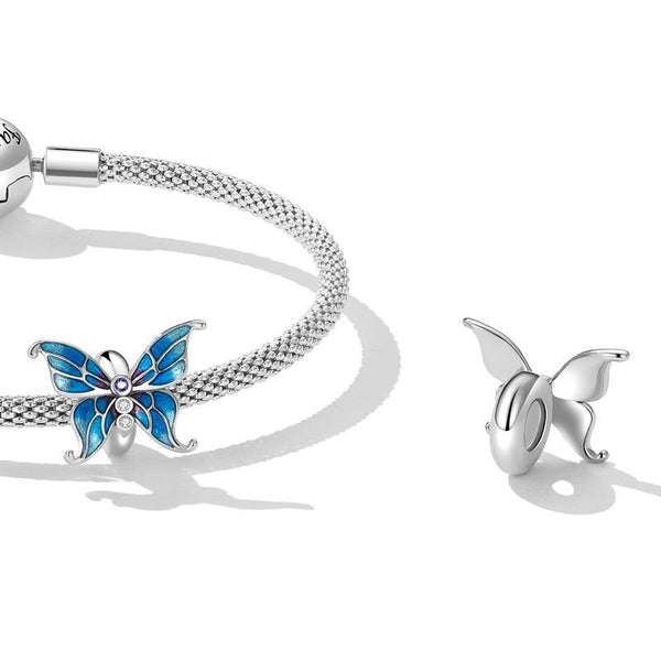 Blue Butterfly Enamel Sterling Silver CZ Bead Charm Pendant Bracelet Necklace