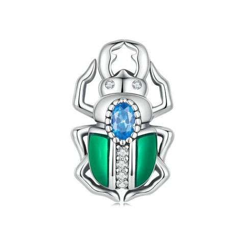 Egyptian Scarab Beetle Enamel Sterling Silver CZ Bead Charm Bracelet Necklace