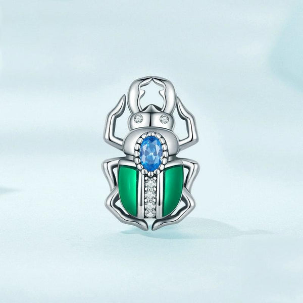 Egyptian Scarab Beetle Enamel Sterling Silver CZ Bead Charm Bracelet Necklace
