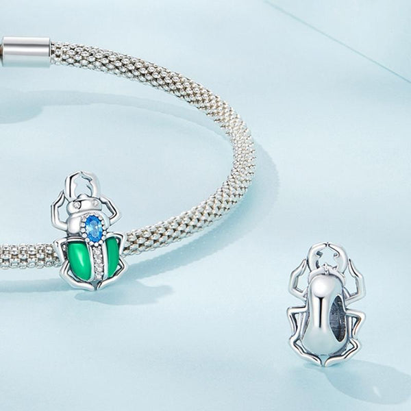 Egyptian Scarab Beetle Enamel Sterling Silver CZ Bead Charm Bracelet Necklace