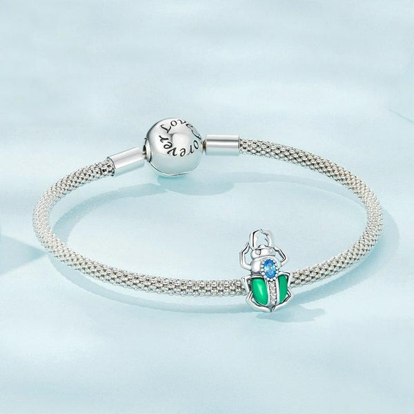 Egyptian Scarab Beetle Enamel Sterling Silver CZ Bead Charm Bracelet Necklace