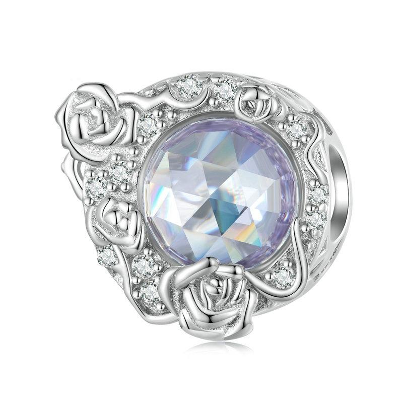 Blue Moon Rose Sterling Silver Zircon CZ Bead Charm Pendant Bracelet Necklace