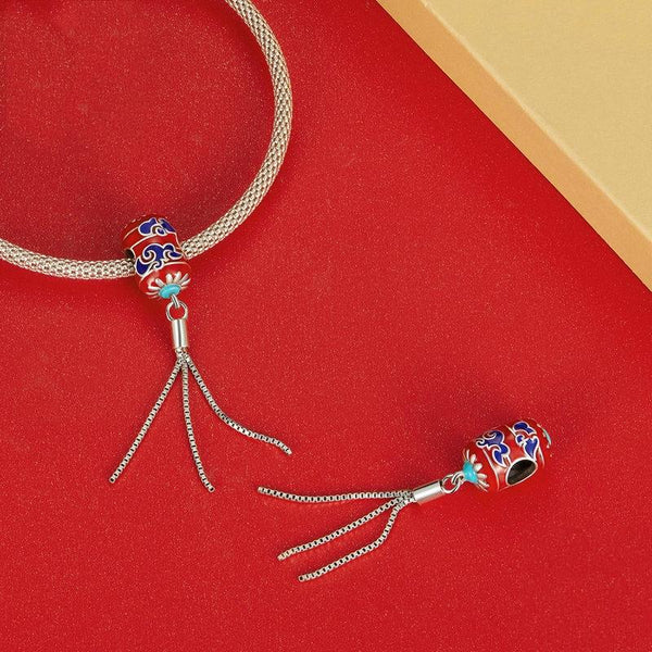 Chinese Red Lantern Enamel Sterling Silver Bead Charm Bracelet Necklace