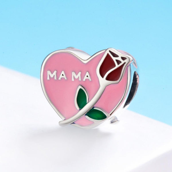 Mama Rose Heart Enamel Sterling Silver Bead Charm Bracelet Necklace Pendant