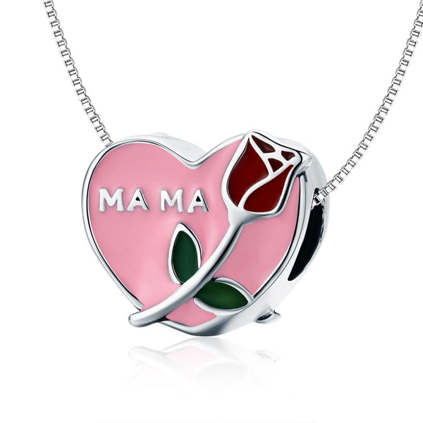 Mama Rose Heart Enamel Sterling Silver Bead Charm Bracelet Necklace Pendant
