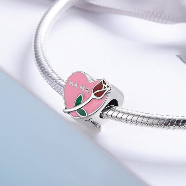 Mama Rose Heart Enamel Sterling Silver Bead Charm Bracelet Necklace Pendant