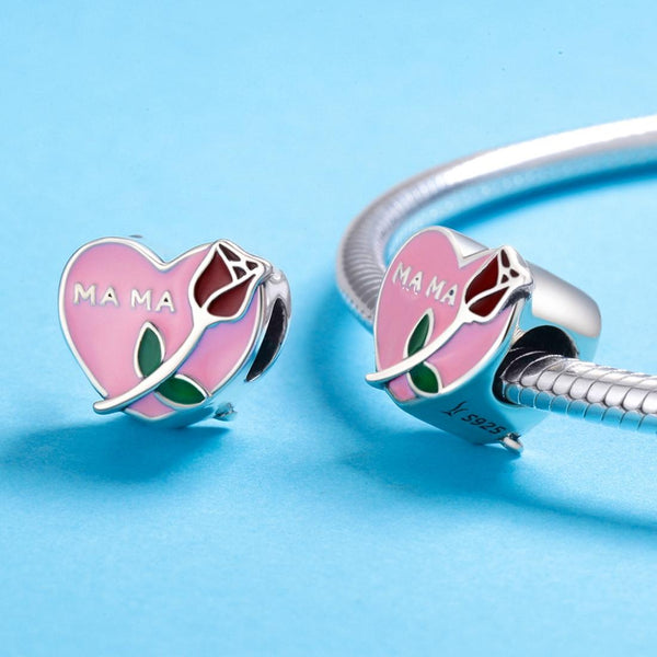 Mama Rose Heart Enamel Sterling Silver Bead Charm Bracelet Necklace Pendant