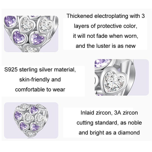 Love Hearts Sterling Silver Zircon CZ Bead Charm Pendant Bracelet Necklace