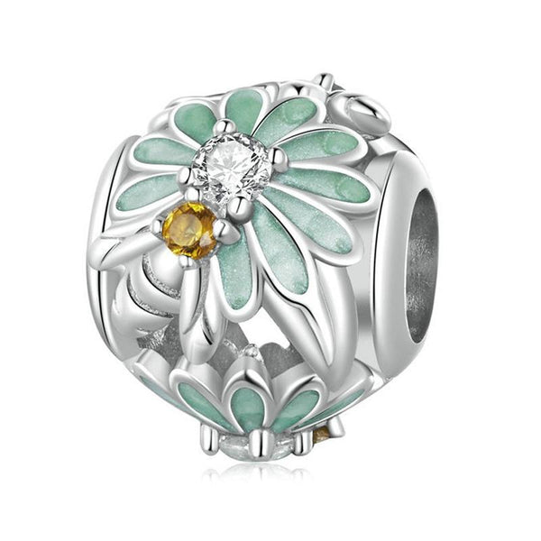 Daisy Bee Flower Enamel Sterling Silver CZ Bead Charm Pendant Bracelet Necklace