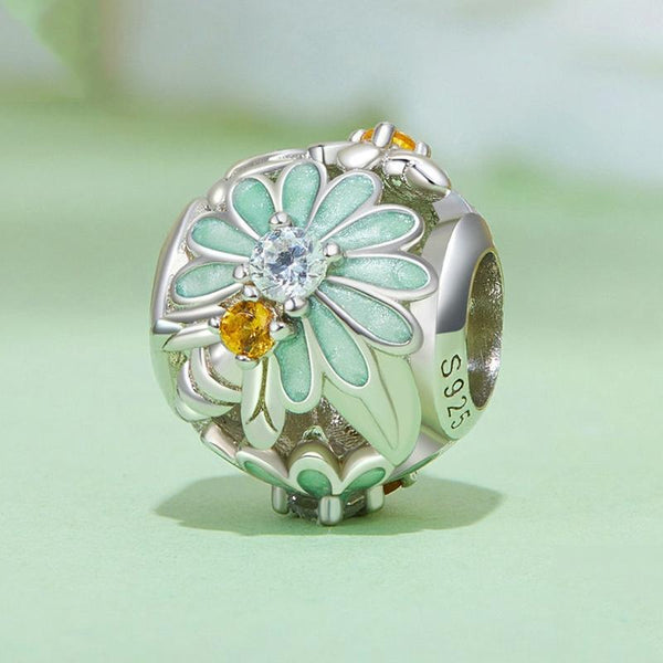 Daisy Bee Flower Enamel Sterling Silver CZ Bead Charm Pendant Bracelet Necklace