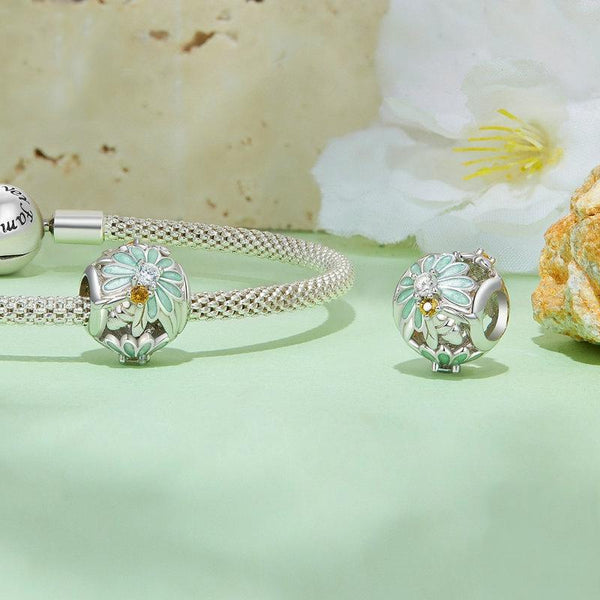 Daisy Bee Flower Enamel Sterling Silver CZ Bead Charm Pendant Bracelet Necklace