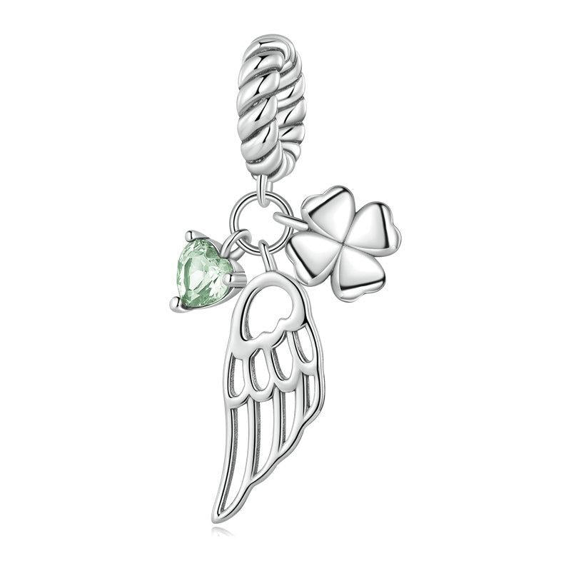Green Heart Clover Angel Wing Sterling Silver CZ Bead Charm Bracelet Necklace