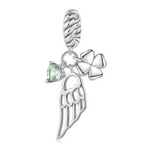 Green Heart Clover Angel Wing Sterling Silver CZ Bead Charm Bracelet Necklace