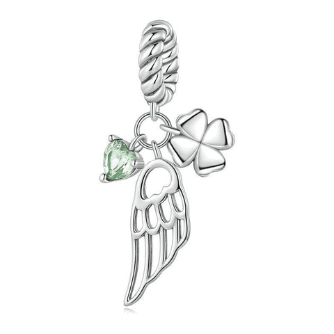 Green Heart Clover Angel Wing Sterling Silver CZ Bead Charm Bracelet Necklace