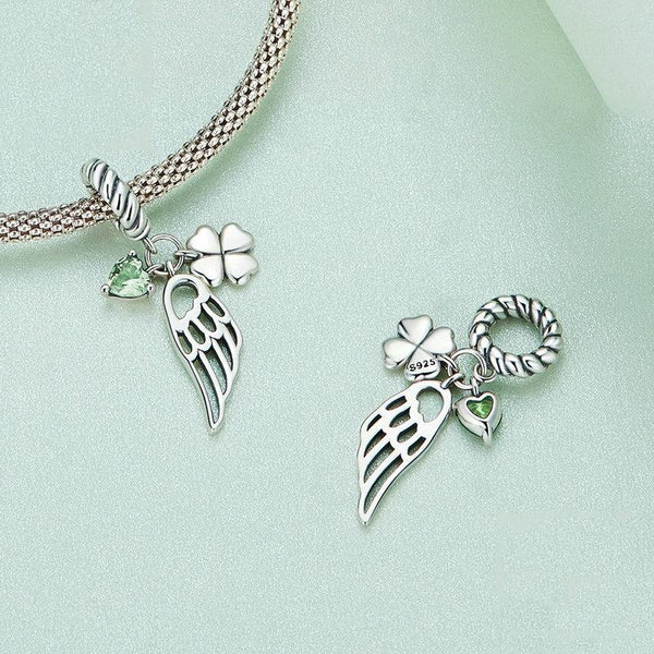 Green Heart Clover Angel Wing Sterling Silver CZ Bead Charm Bracelet Necklace