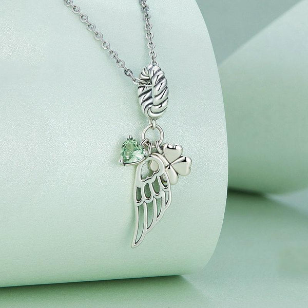 Green Heart Clover Angel Wing Sterling Silver CZ Bead Charm Bracelet Necklace