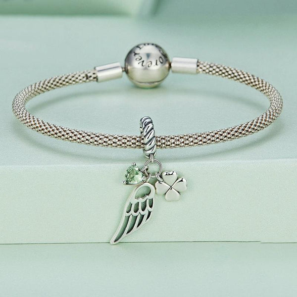 Green Heart Clover Angel Wing Sterling Silver CZ Bead Charm Bracelet Necklace
