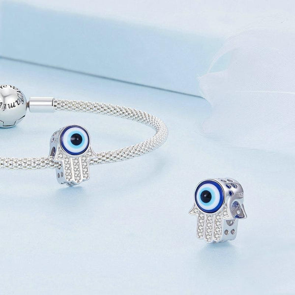 Hand Of Fatima Enamel Sterling Silver CZ Bead Charm Bracelet Necklace Pendant