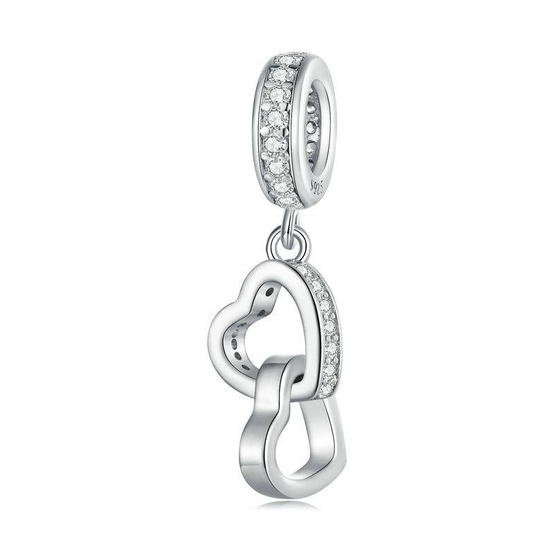 Interlocking Love Hearts Sterling Silver CZ Bead Charm Bracelet Necklace Pendant