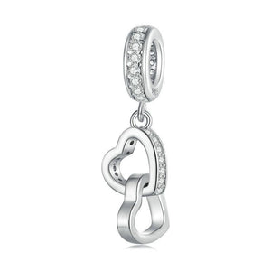 Interlocking Love Hearts Sterling Silver CZ Bead Charm Bracelet Necklace Pendant