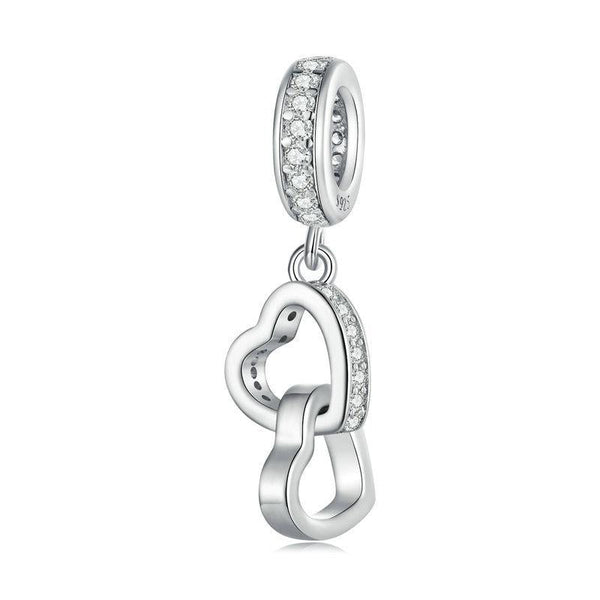 Interlocking Love Hearts Sterling Silver CZ Bead Charm Bracelet Necklace Pendant