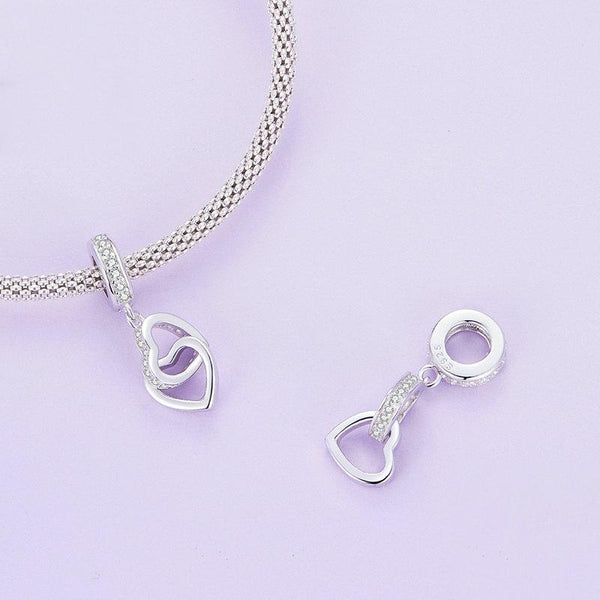 Interlocking Love Hearts Sterling Silver CZ Bead Charm Bracelet Necklace Pendant