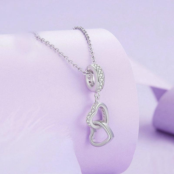 Interlocking Love Hearts Sterling Silver CZ Bead Charm Bracelet Necklace Pendant