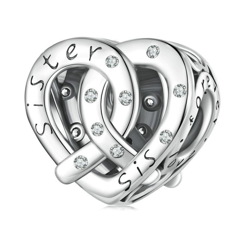 Sister Heart Sterling Silver Zircon CZ Bead Charm Pendant Bracelet Necklace