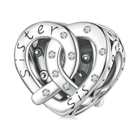Sister Heart Sterling Silver Zircon CZ Bead Charm Pendant Bracelet Necklace