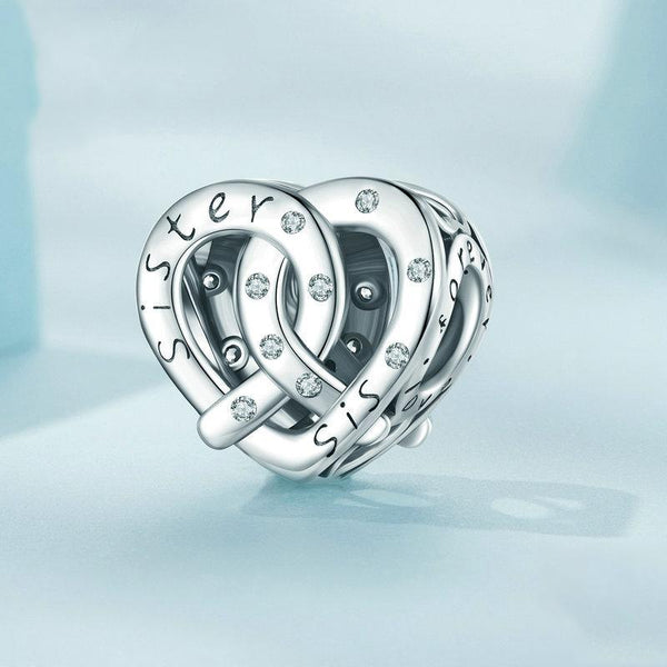 Sister Heart Sterling Silver Zircon CZ Bead Charm Pendant Bracelet Necklace