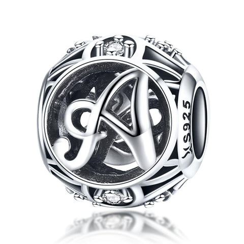 A Initial Letter Sterling Silver Zircon CZ Bead Charm Bracelet Necklace