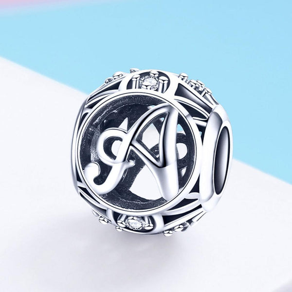 A Initial Letter Sterling Silver Zircon CZ Bead Charm Bracelet Necklace