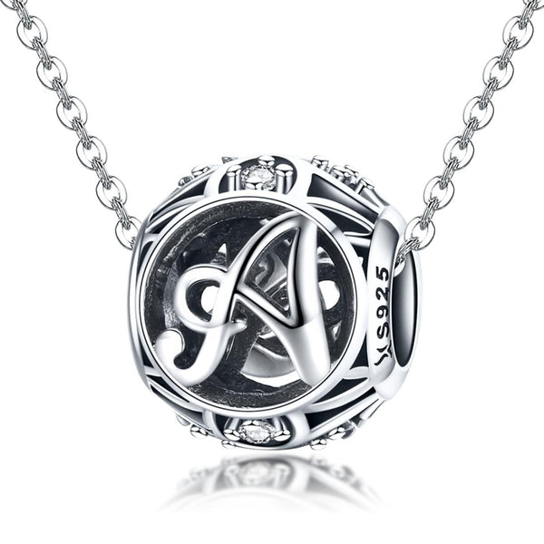A Initial Letter Sterling Silver Zircon CZ Bead Charm Bracelet Necklace