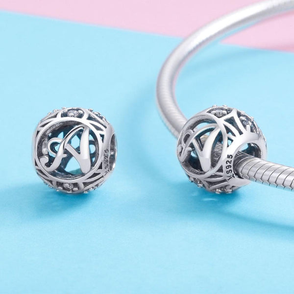 A Initial Letter Sterling Silver Zircon CZ Bead Charm Bracelet Necklace