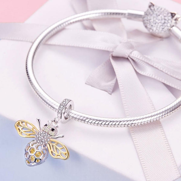 Bee Gold Platinum Plated Sterling Silver Zircon CZ Bead Charm Bracelet Necklace