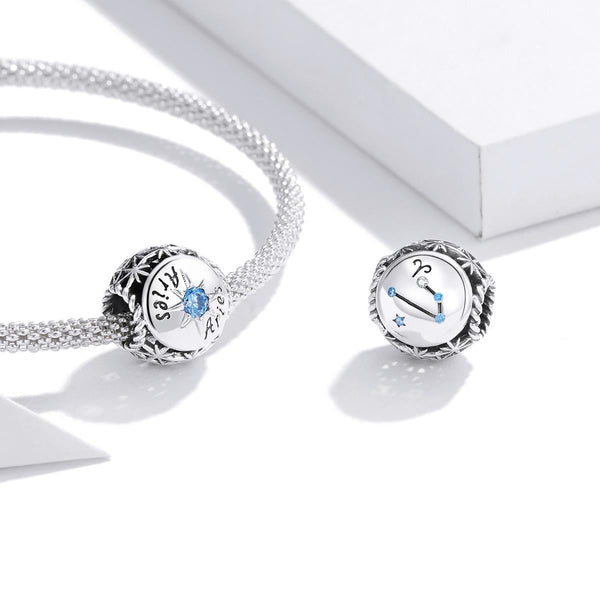 Aries Zodiac Sterling Silver Zircon CZ Bead Charm Bracelet Necklace