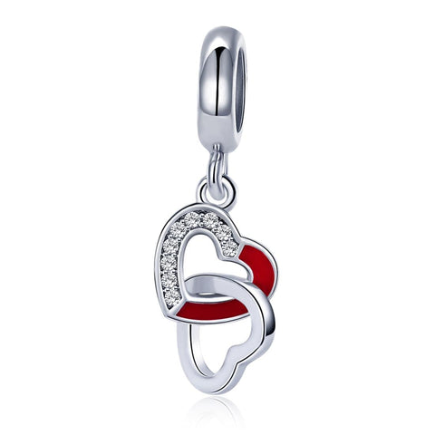 Entwined Double Hearts Enamel Sterling Silver Bead Charm Bracelet Necklace