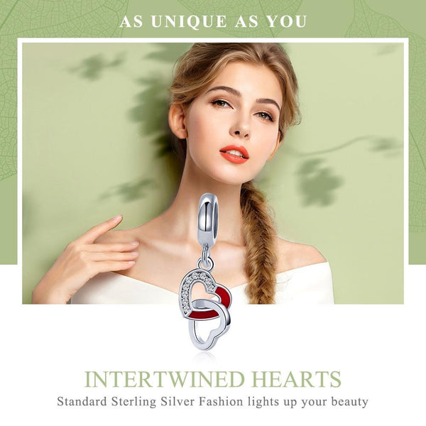 Entwined Double Hearts Enamel Sterling Silver Bead Charm Bracelet Necklace