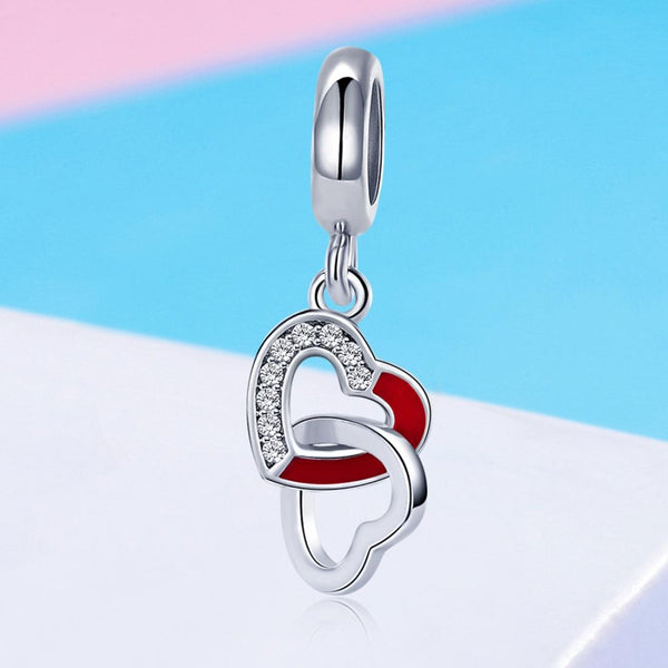 Entwined Double Hearts Enamel Sterling Silver Bead Charm Bracelet Necklace