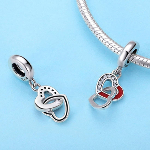 Entwined Double Hearts Enamel Sterling Silver Bead Charm Bracelet Necklace