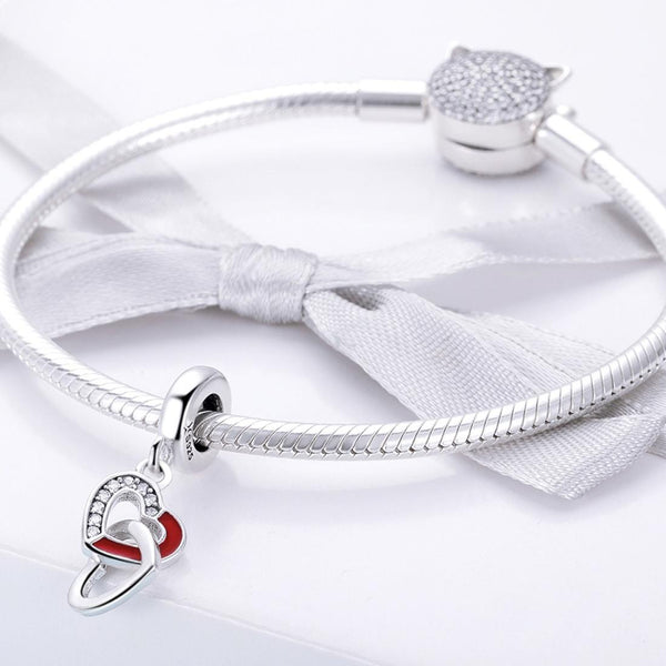 Entwined Double Hearts Enamel Sterling Silver Bead Charm Bracelet Necklace