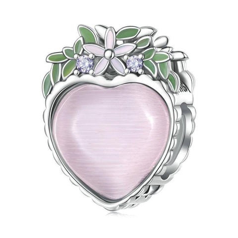 Pink Heart Flowers Enamel Sterling Silver Bead Charm Bracelet Necklace Pendant