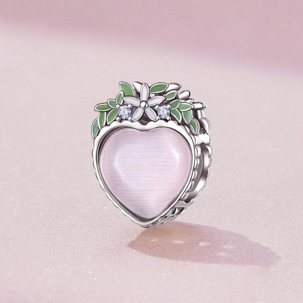 Pink Heart Flowers Enamel Sterling Silver Bead Charm Bracelet Necklace Pendant