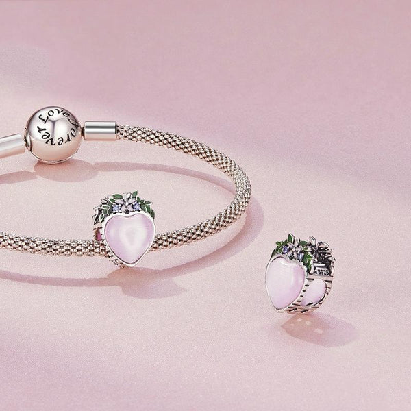 Pink Heart Flowers Enamel Sterling Silver Bead Charm Bracelet Necklace Pendant
