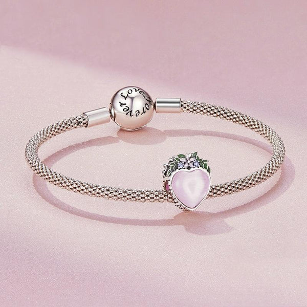 Pink Heart Flowers Enamel Sterling Silver Bead Charm Bracelet Necklace Pendant