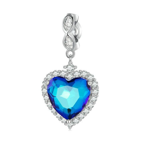 Blue Glass Heart Sterling Silver Zircon CZ Bead Charm Pendant Bracelet Necklace