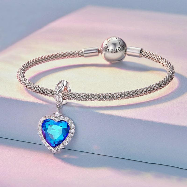 Blue Glass Heart Sterling Silver Zircon CZ Bead Charm Pendant Bracelet Necklace