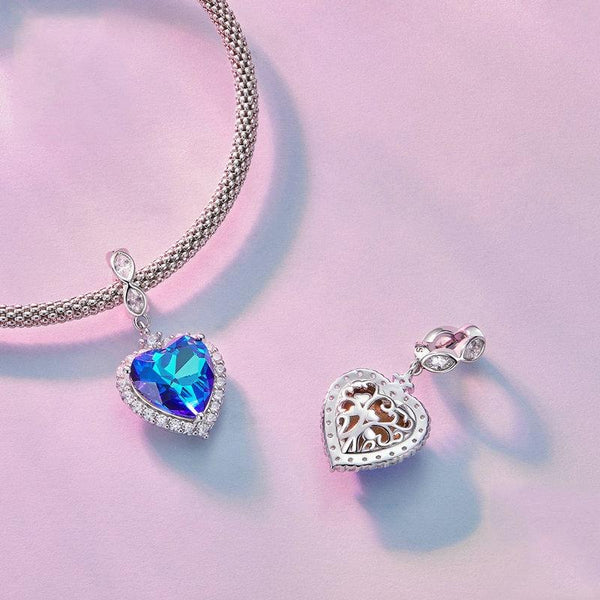 Blue Glass Heart Sterling Silver Zircon CZ Bead Charm Pendant Bracelet Necklace